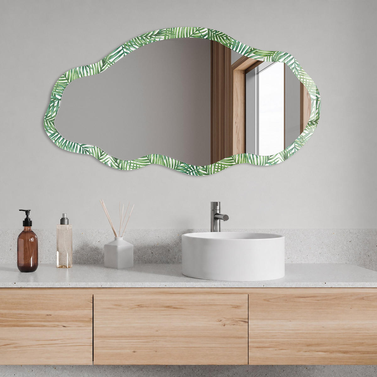 SPIEGEL 90x45 cm asymmetrisch mit Druck - Tropisches Grün - Transparent, Glas (45/90/0.4cm) - TULUP