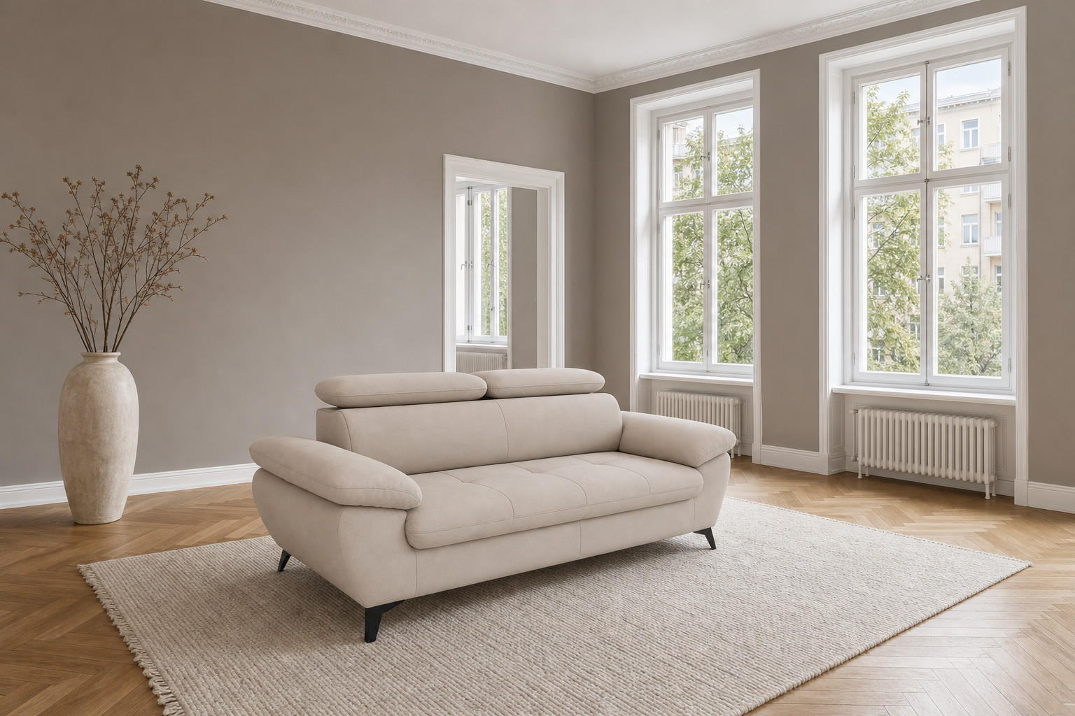 3-SITZER Karlstad Flachgewebe Beige verstell. Kopfstützen B 215 cm - Naturfarben, Kunststoff/Textil (215/84/100cm) - foamnova