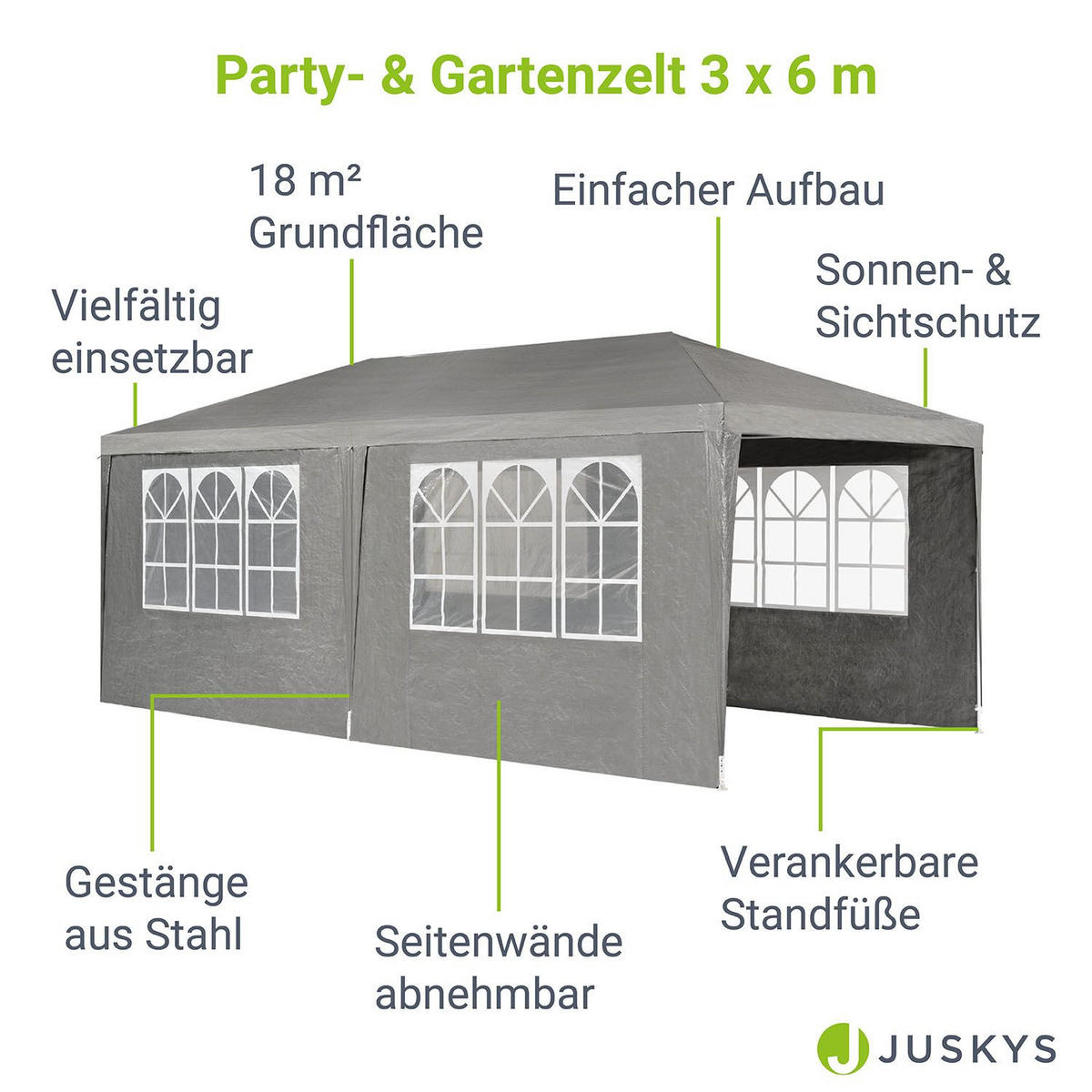 PARTYZELT Gartenzelt dunkelgrau 3x6 m - Grau, Metall (300/250/600cm) - Juskys