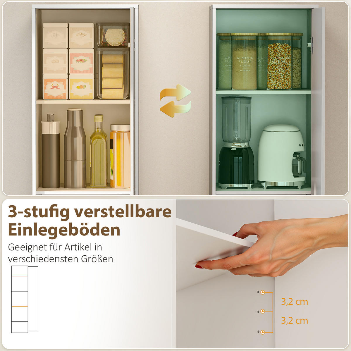 KÜCHENSCHRANK Buffetschrank mit 1 Tür, Verstellbaren Einlegeböden, Weiß - Alufarben/Weiß, Holzwerkstoff/Metall (35/180/40cm) - HOMCOM
