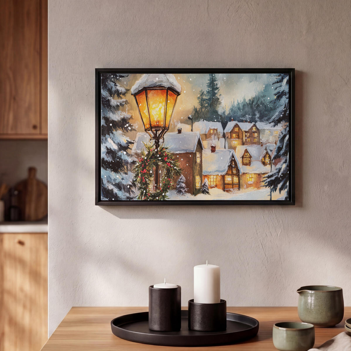 LEINWAND Bilder mit Rahmen - Weihnachtsdorf - Häuser - Schnee - Weihnachten - 30x20 - Sandfarben, Textil (30/20cm) - MuchoWow
