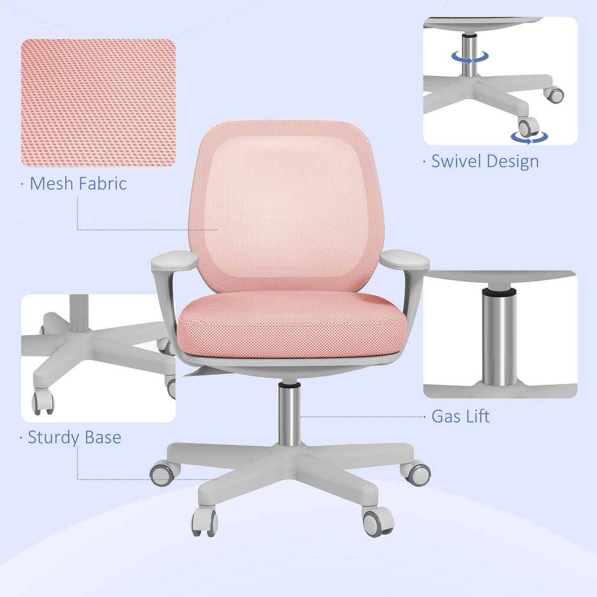 BÜROSTUHL, Ergonomisch Schreibtischstuhl mit Drehfunktion, Höhenverstellbar - Rosa/Weiß, Kunststoff/Textil (48/94.5/55cm) - Vinsetto