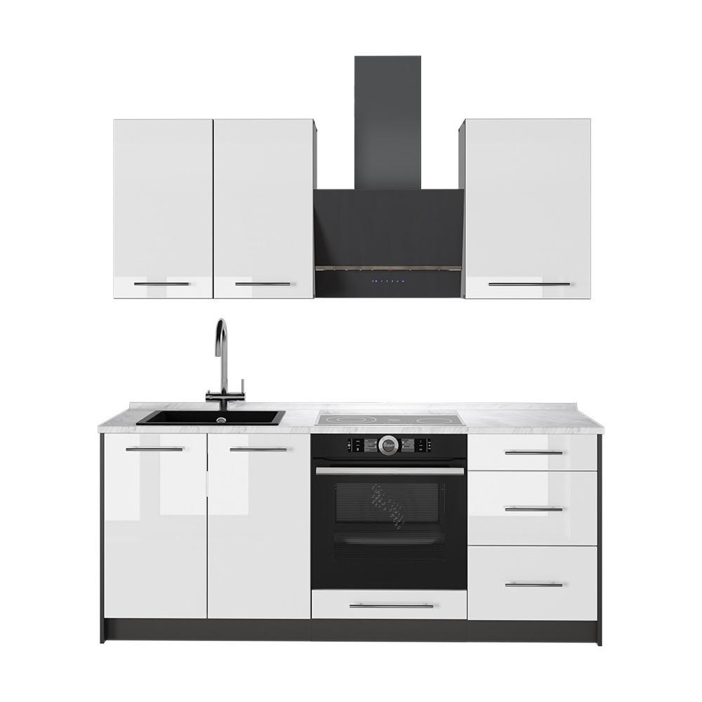 SINGLEKÜCHE Fame-Line, Weiß Hochglanz/Anthrazit, 190 cm, AP Marmor - Weiß Hochglanz/Anthrazit, Holzwerkstoff (190/82/60cm) - Vicco