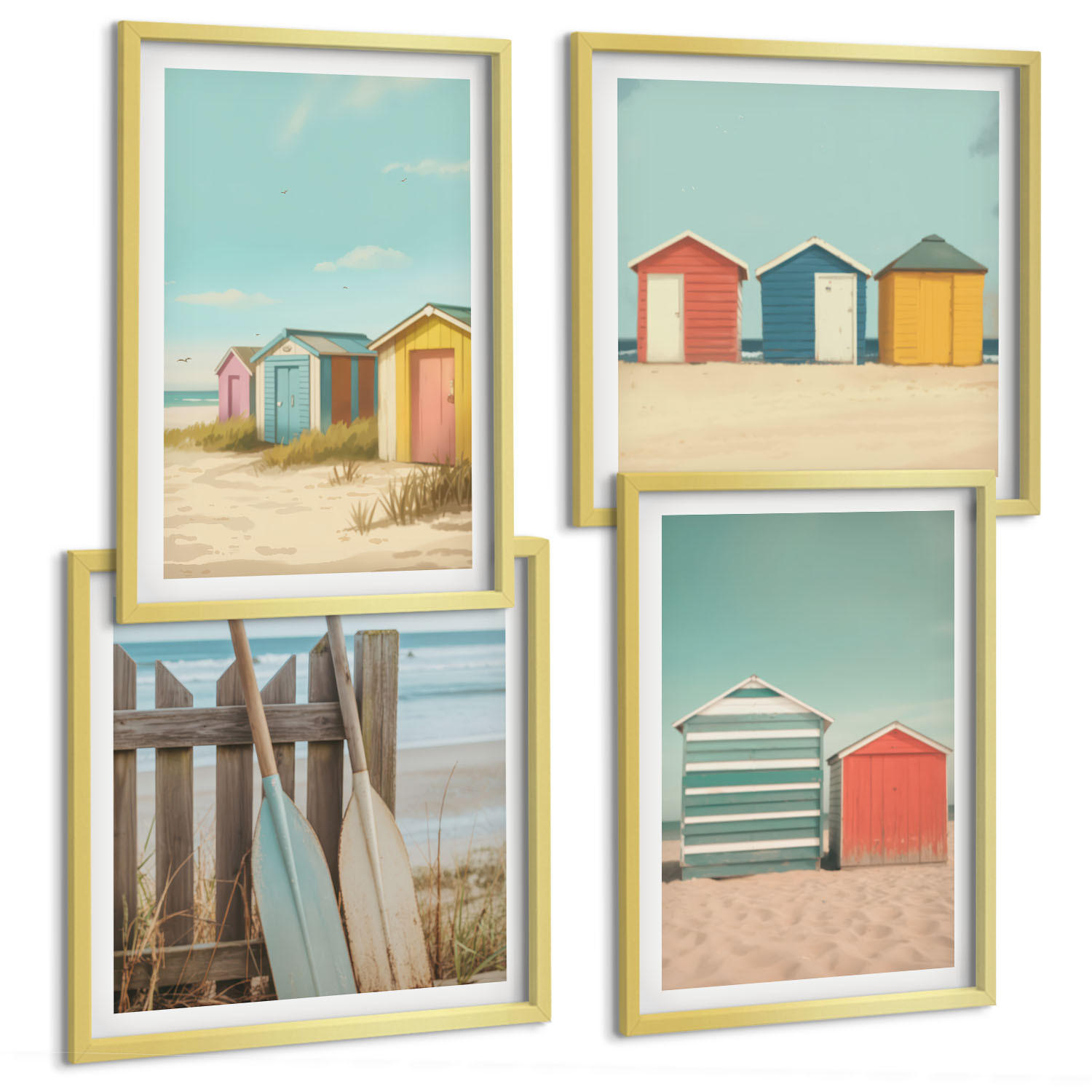 BILDER SET 4er Set - 50x50 cm & 40x60 cm Goldrahmen - Bunte Strandhäuser - Goldfarben, Kunststoff (50/50cm) - TULUP