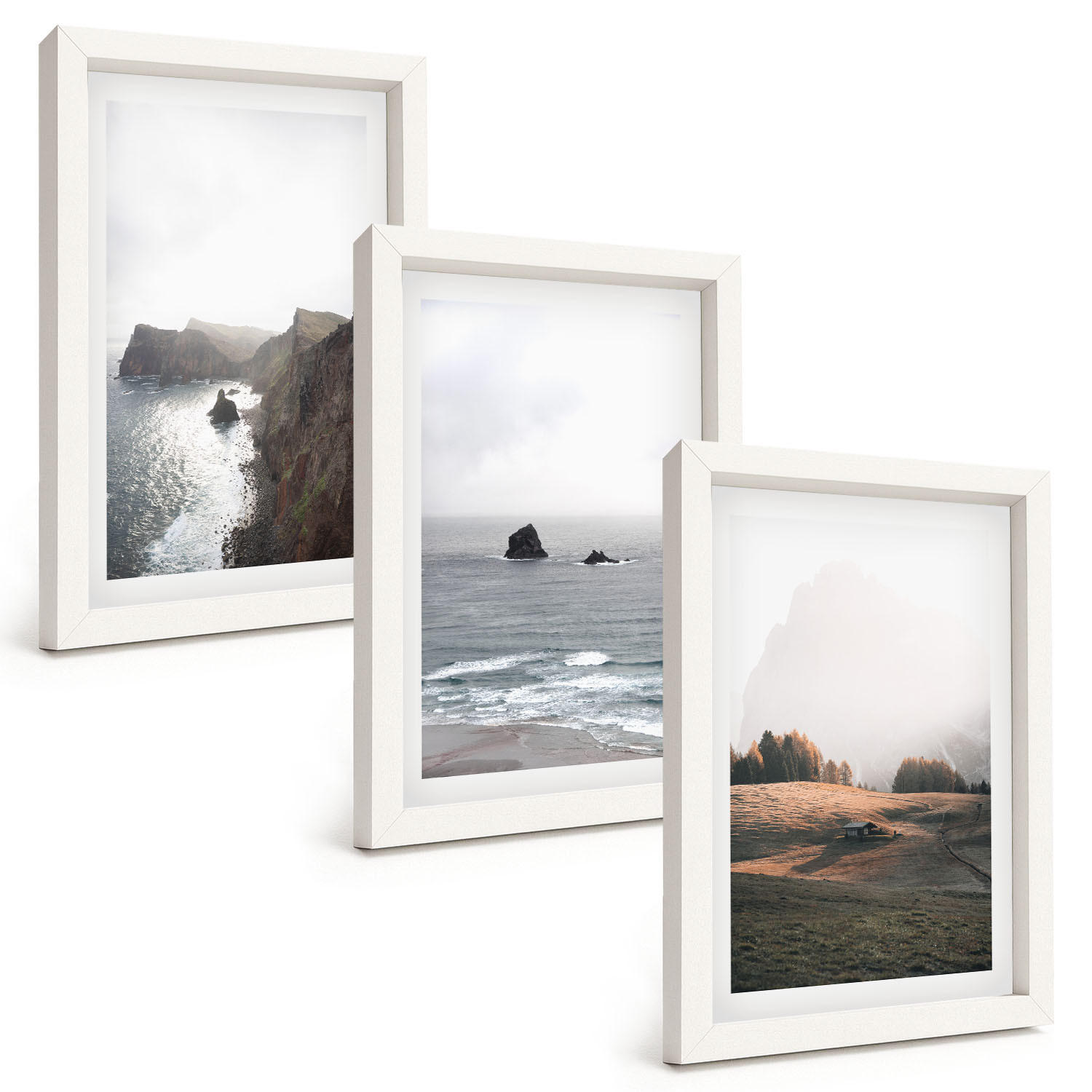 BILDER SET 3er Set - 20x30 cm Weißer Rahmen - Landschaften aus Bergen und Meer - Weiß, Kunststoff (20/30cm) - TULUP