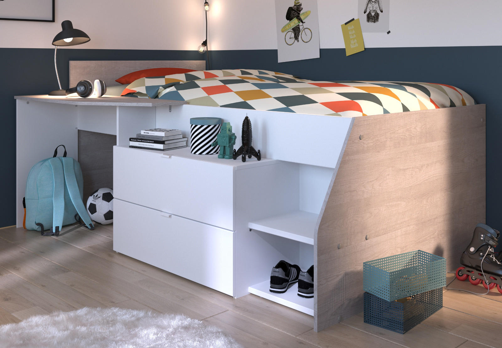 HOCHBETT Jugendzimmer Bett 90 x 200 cm 2x Schubkasten, Stauraum - Weiß/Grau, Holz/Holzwerkstoff (90/200cm) - Parisot Meuble
