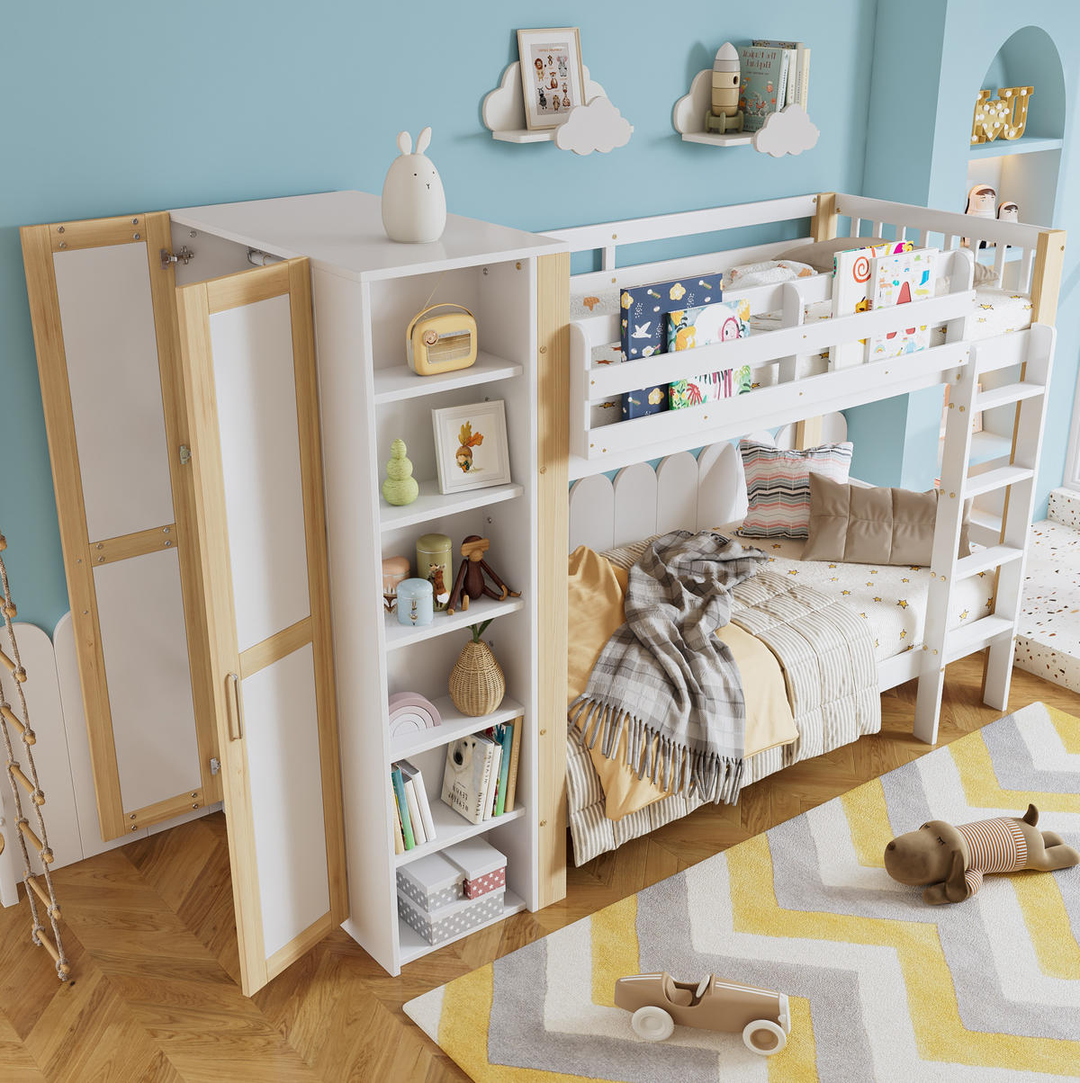 ETAGENBETT aus Kiefernholz und MDF 90x200 cm Weiß/Natur mit Kleiderschrank und 6 Regalen - Weiß, Holzwerkstoff (90/200cm) - IVMEU