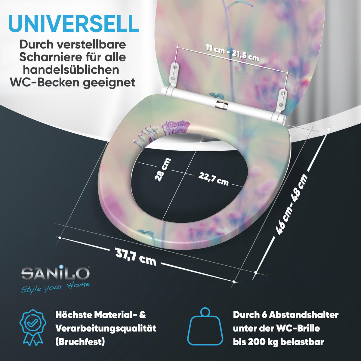 WC-SITZ mit Absenkautomatik & Top Fix Meadow - Lila, Holzwerkstoff (37.7/5.5/48cm) - Sanilo