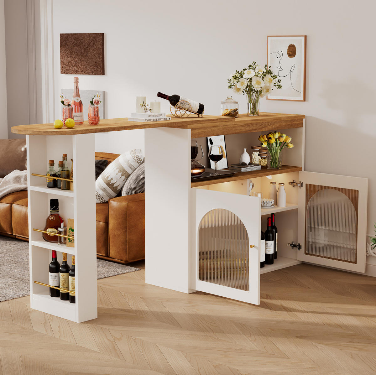 BEISTELLTISCH 138-193/39/105 cm in Weiß mit LED-Beleuchtung und drehbarem Stauraum - Weiß, Holzwerkstoff (39/193/105cm) - Flora Grace