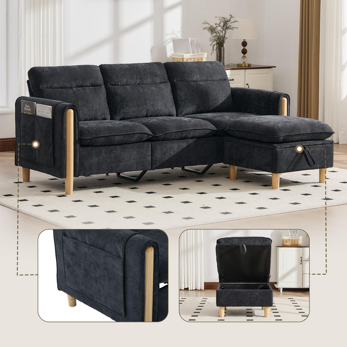 ECKSOFA DE-33940 mit Stauraumhocker und Seitentaschen Schwarz - Schwarz, Holz (77/201cm) - ComfortXL