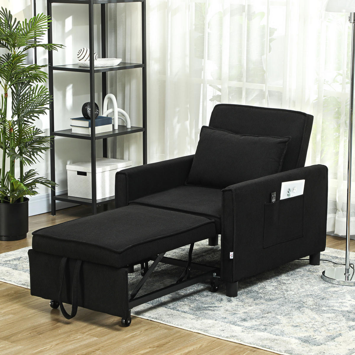 3-IN-1 Schlafsessel, Klappbett mit Bettfunktion, Lendenkissen für Wohnzimmer - Schwarz, Kunststoff (74/81/84cm) - HOMCOM