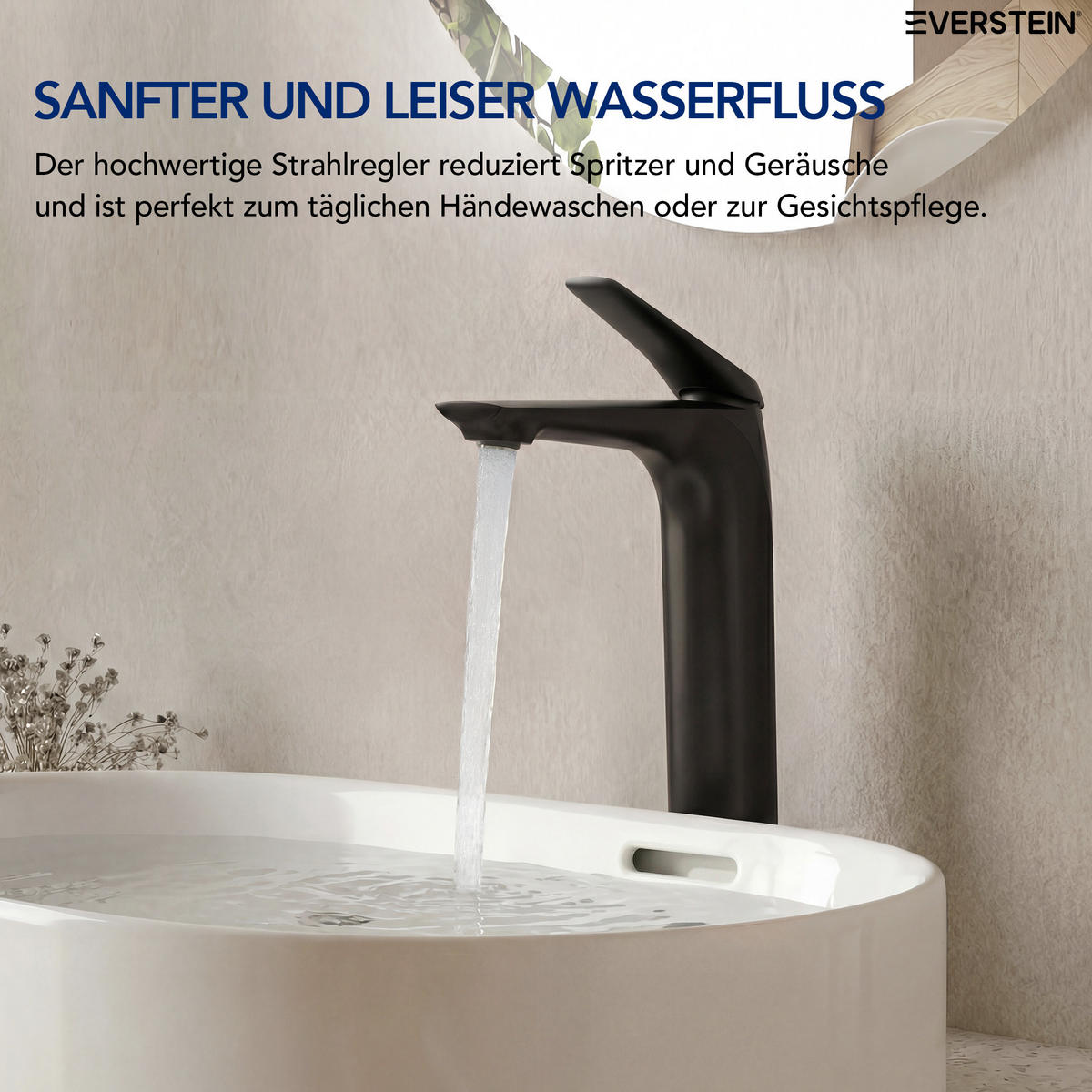 WASCHTISCHARMATUR Schwarz Matt, Hoch, Aufsatzwaschbecken, Einhebelmischer, Softline - Schwarz, Metall (4.6/30.2/20cm) - Everstein