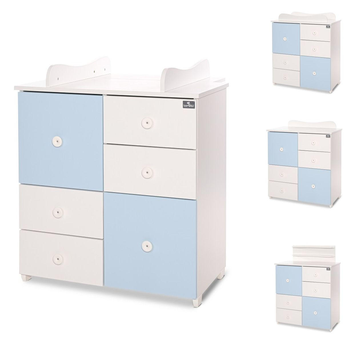 KOMMODE Cupboard weiß blau 83 x 71 cm, 4 Schubladen, 2 Türen, Regalboden, Wickelplatz, umbaubar - Blau, Holzwerkstoff (71/96/83cm) - Lorelli
