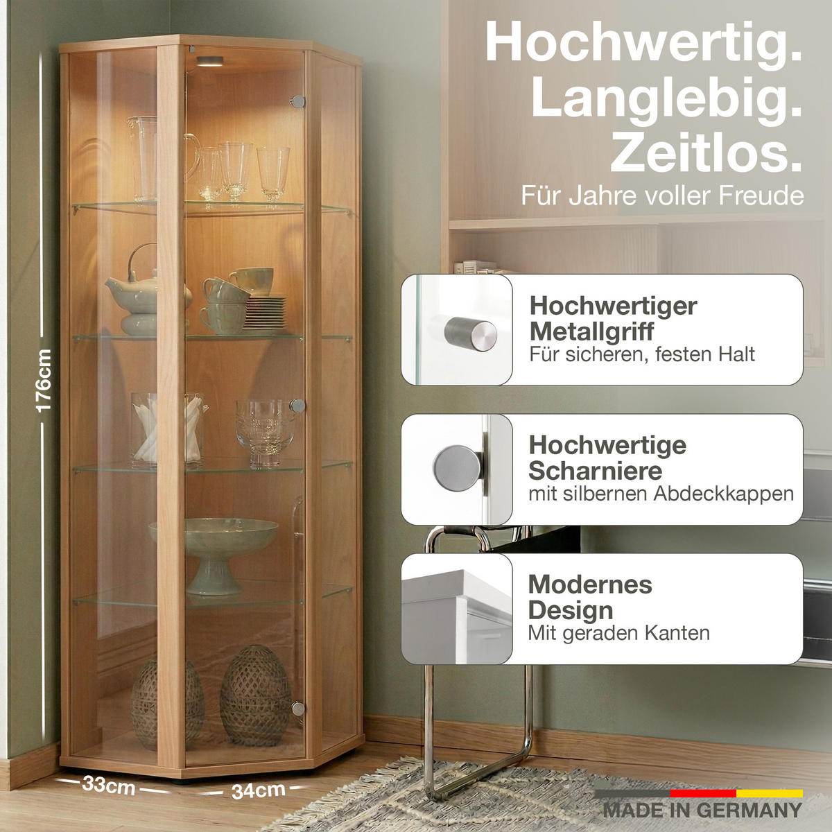 ECKVITRINE 56,5/56,5/176 cm mit LED - Transparent/Silberfarben, Glas/Holzwerkstoff (56.5/176/56.5cm) - K-Möbel