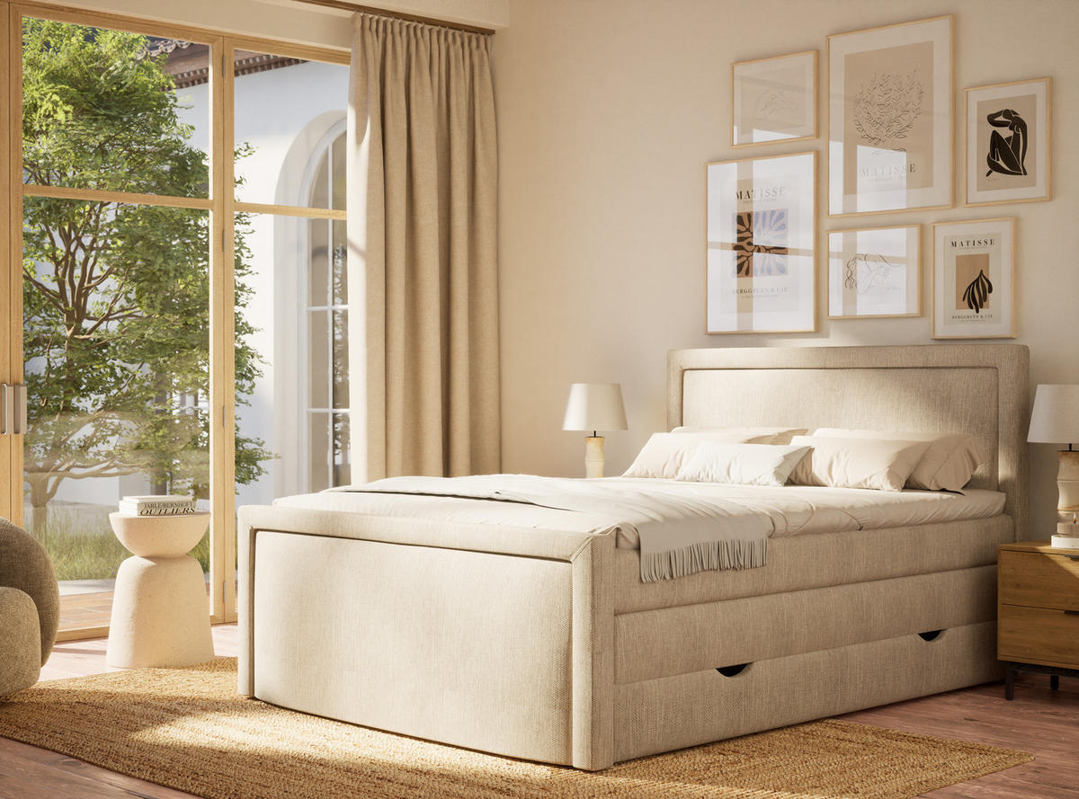 BOXSPRINGBETT Fresco 160/200 cm, in Beige, Bettkasten, Matratze, Topper - Beige/Schwarz, Holz/Holzwerkstoff (160/200cm) - Maison de Reve