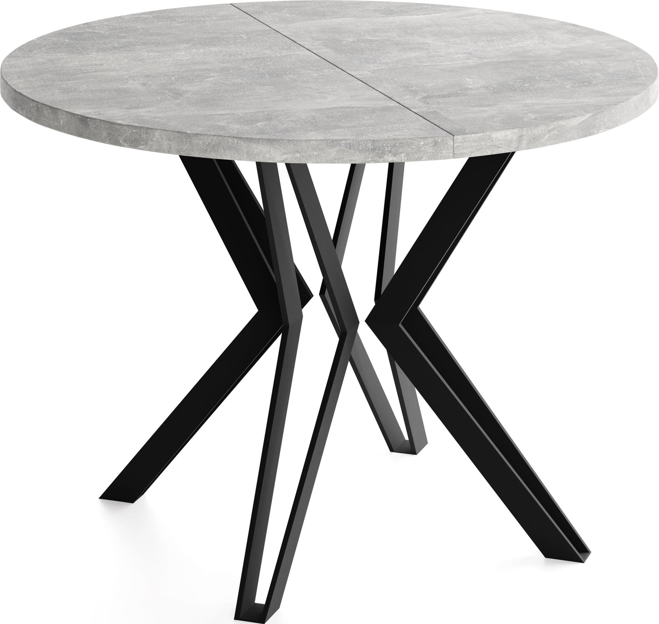 ESSTISCH Revena runder ausziehbarer, Grauer Beton 100-180/100/76 cm - Hellgrau/Schwarz, Holzwerkstoff/Metall (100/100/76cm) - WFL GROUP