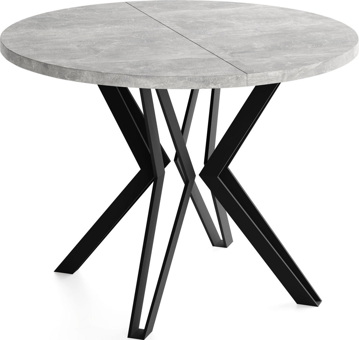 ESSTISCH Revena runder ausziehbarer, Grauer Beton 100-180/100/76 cm - Hellgrau/Schwarz, Holzwerkstoff/Metall (100/100/76cm) - WFL GROUP