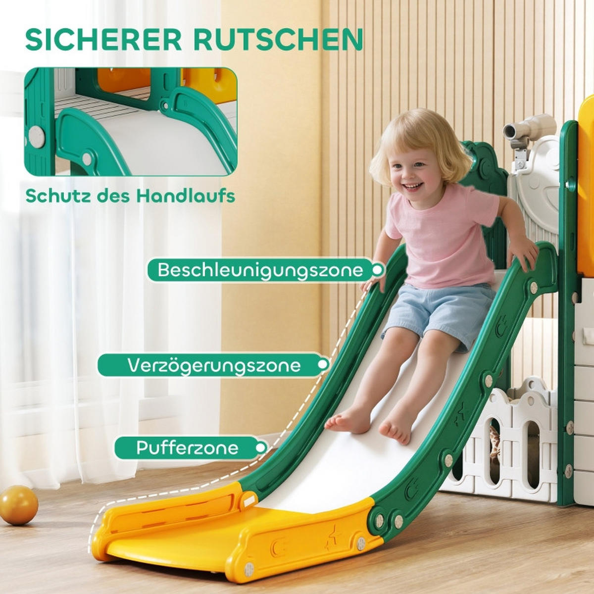 KINDERRUTSCHE 7-in-1 mit Klettergerüst und Basketballkorb für 1–4 Jahre Kunststoff Gelb/Grün - Gelb, Kunststoff (180/111/189cm) - Korfee