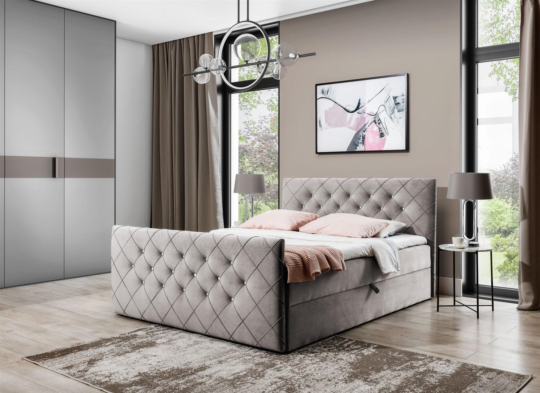 BOXBETT Eivor In Stoff überlänge - Hellbraun, Holzwerkstoff/Textil (200/220cm) - Fun Möbel