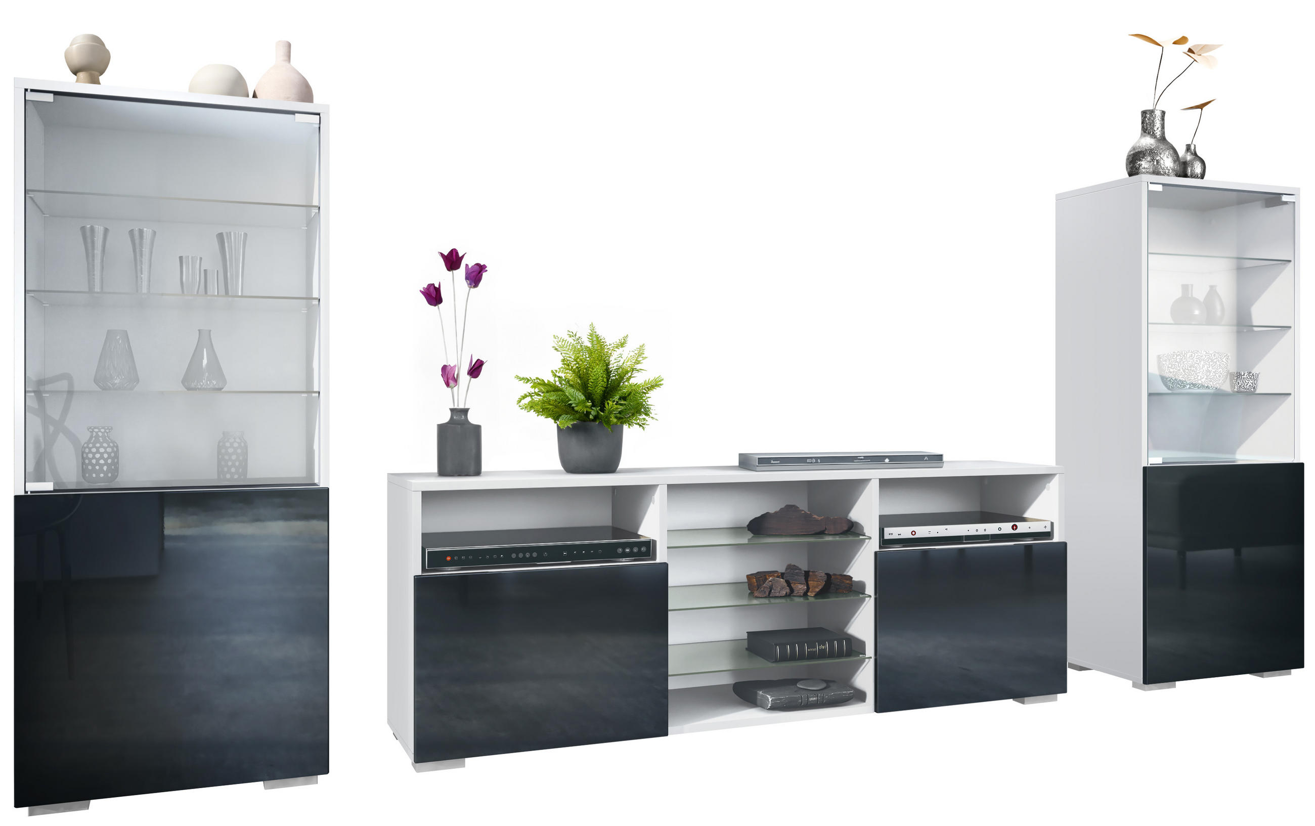 Vladon Wohnwand Schwarz Hochglanz 286x122.5x35 cm