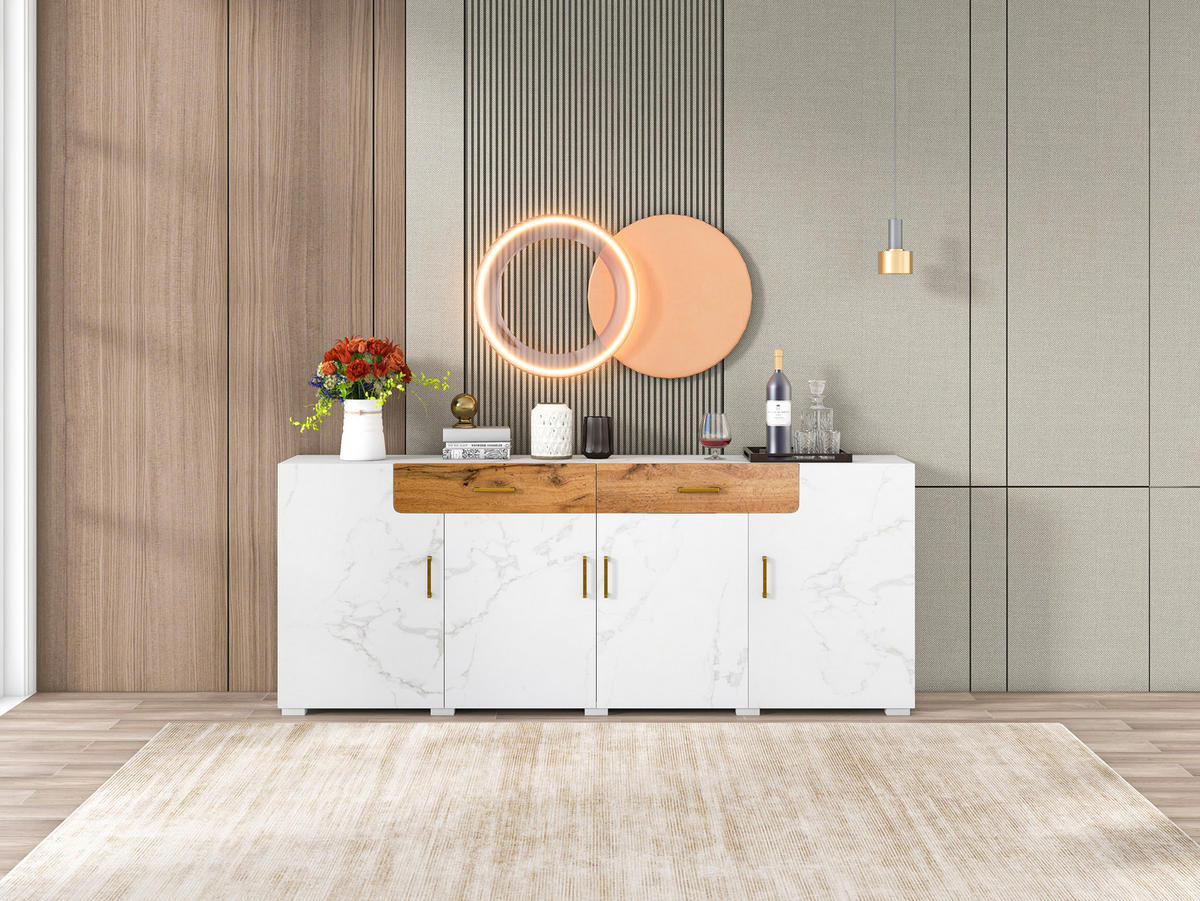 SIDEBOARD aus Spanplatte 208x39,5x80 cm Weiß mit 4 Türen, 2 Schubladen und marmoriertem PVC-Furnier - Weiß, Holzwerkstoff (208/80/39.5cm) - Modfu