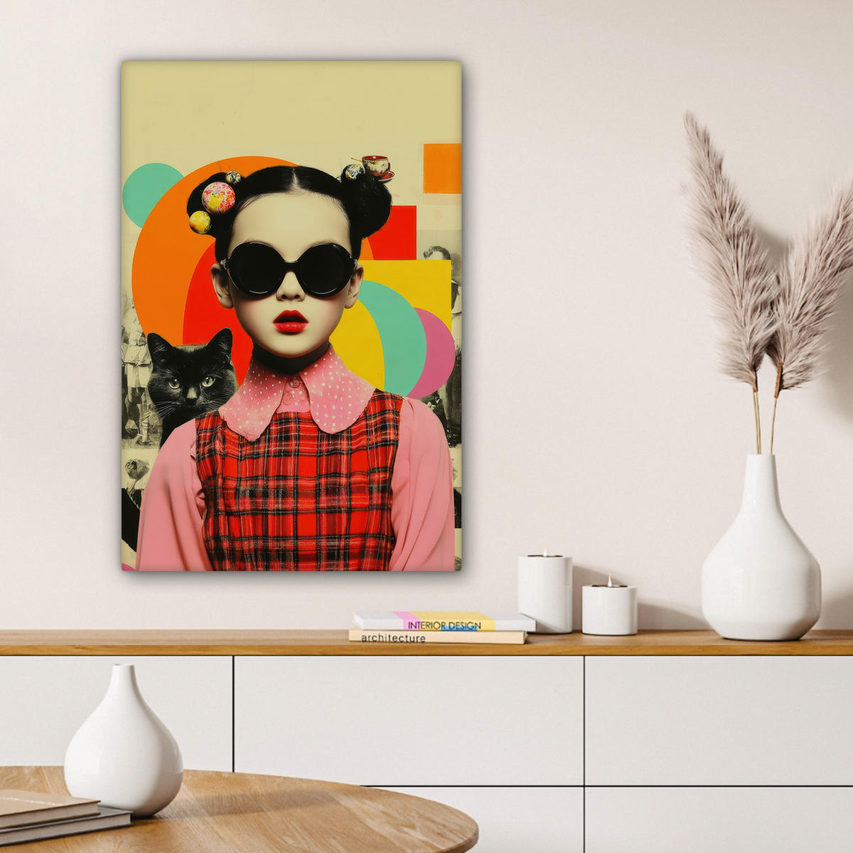 LEINWANDBILD Mädchen - Sonnenbrille - Katze - Retro Wanddeko Schlafzimmer 60x90 cm - Beige, Textil (60/90cm) - MuchoWow