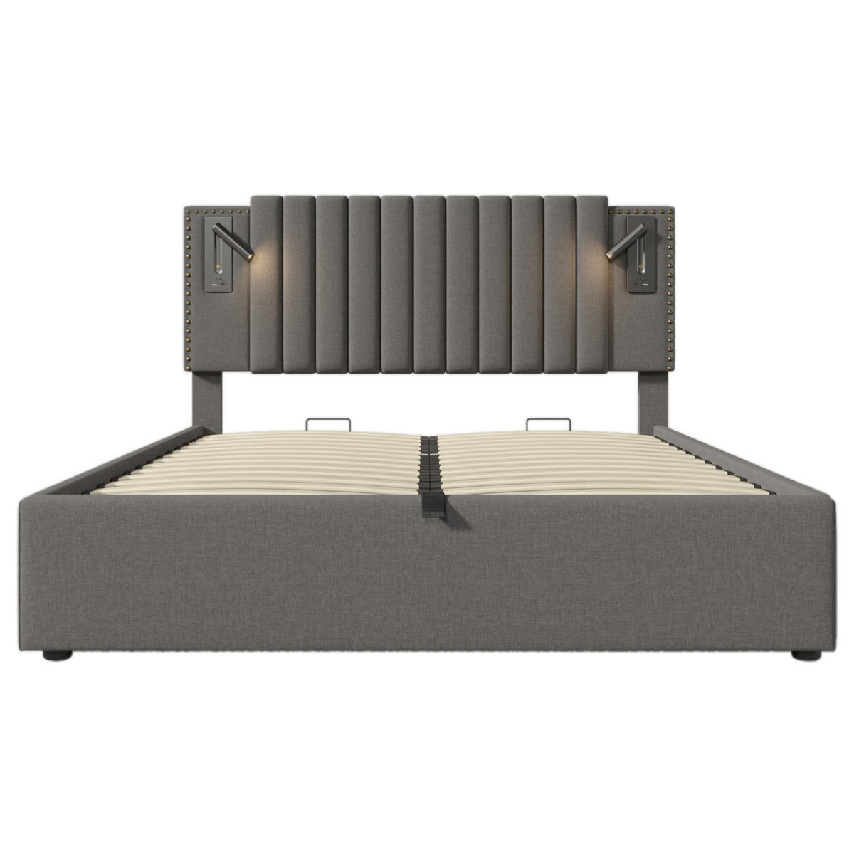 POLSTERBETT 180/200 cm mit USB- und Type-C-Anschlüssen, Leselicht und Bettkasten, Baumwolle, Grau - Grau, Textil (180/200cm) - Redom