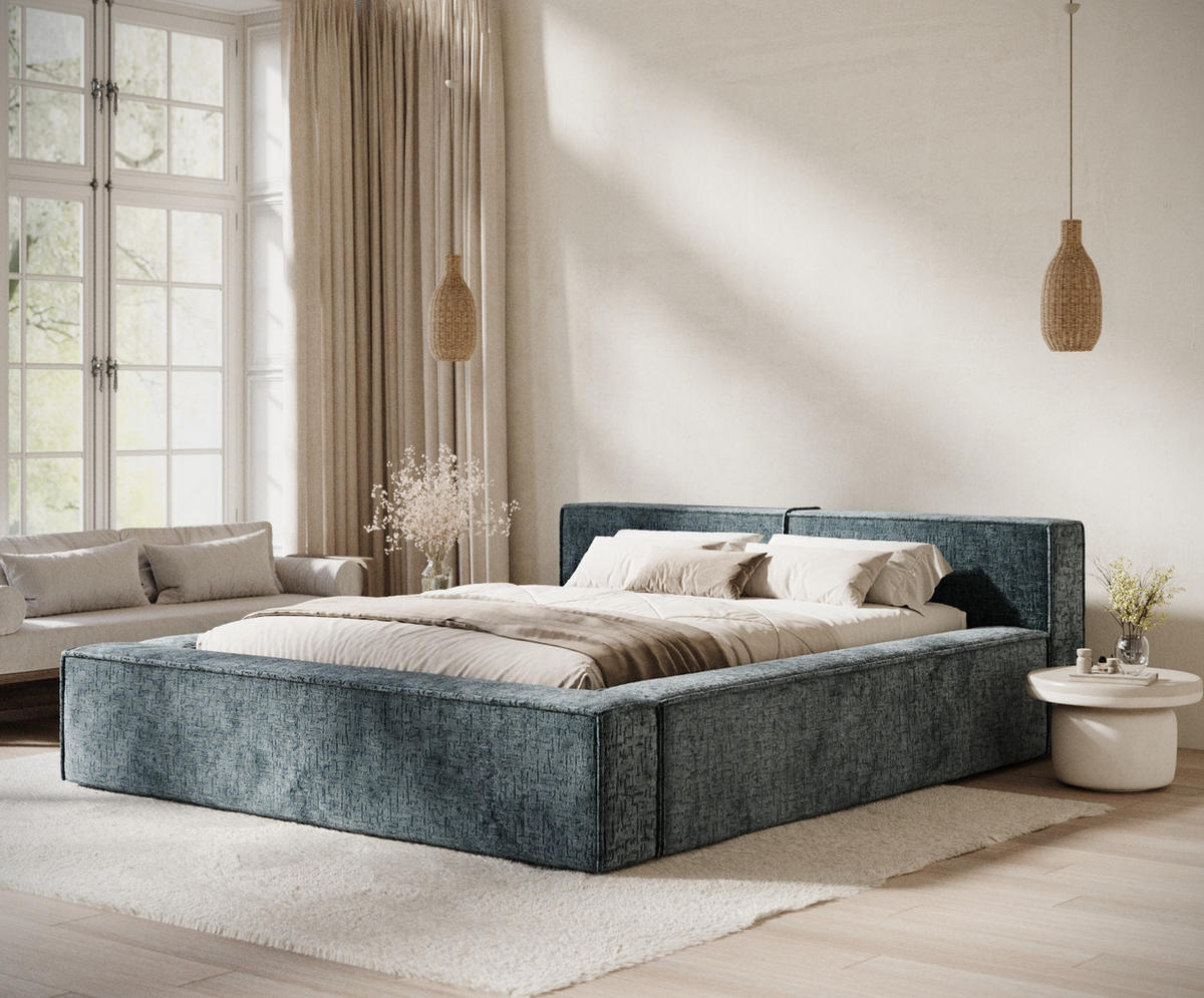 POLSTERBETT Voliera Blau 160/200 cm im Chenille-Stoff - Blau/Birkefarben, Holz/Holzwerkstoff (160/200cm) - Maison de Reve
