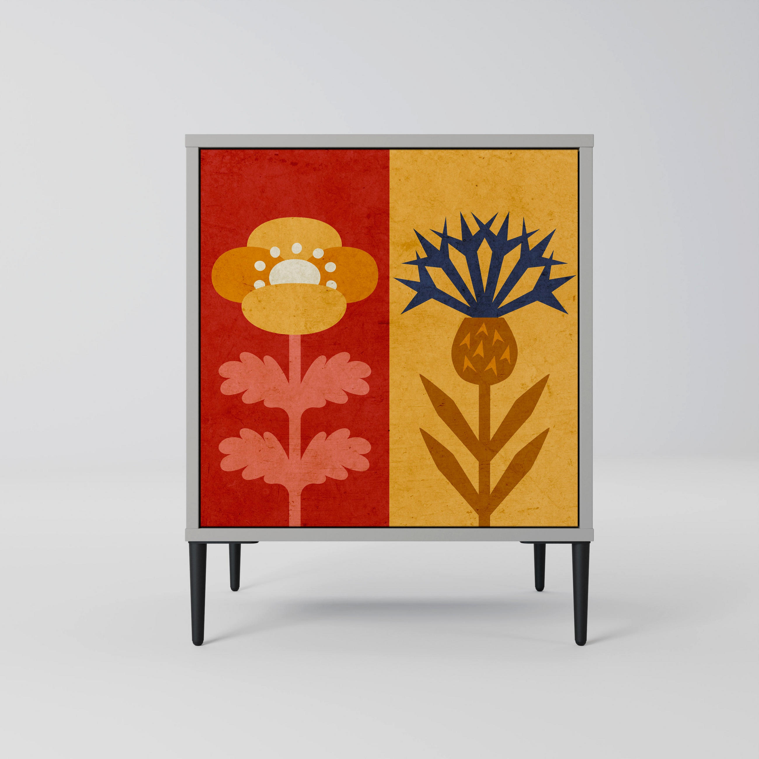 SIDEBOARD SCANDIC FLOWERET, Grau, 57,5x42x72,5 cm, Schwarze Metallfüße - Multicolor/Schwarz, Holzwerkstoff/Metall (57.5/72.5/42cm) - SpaceRebels