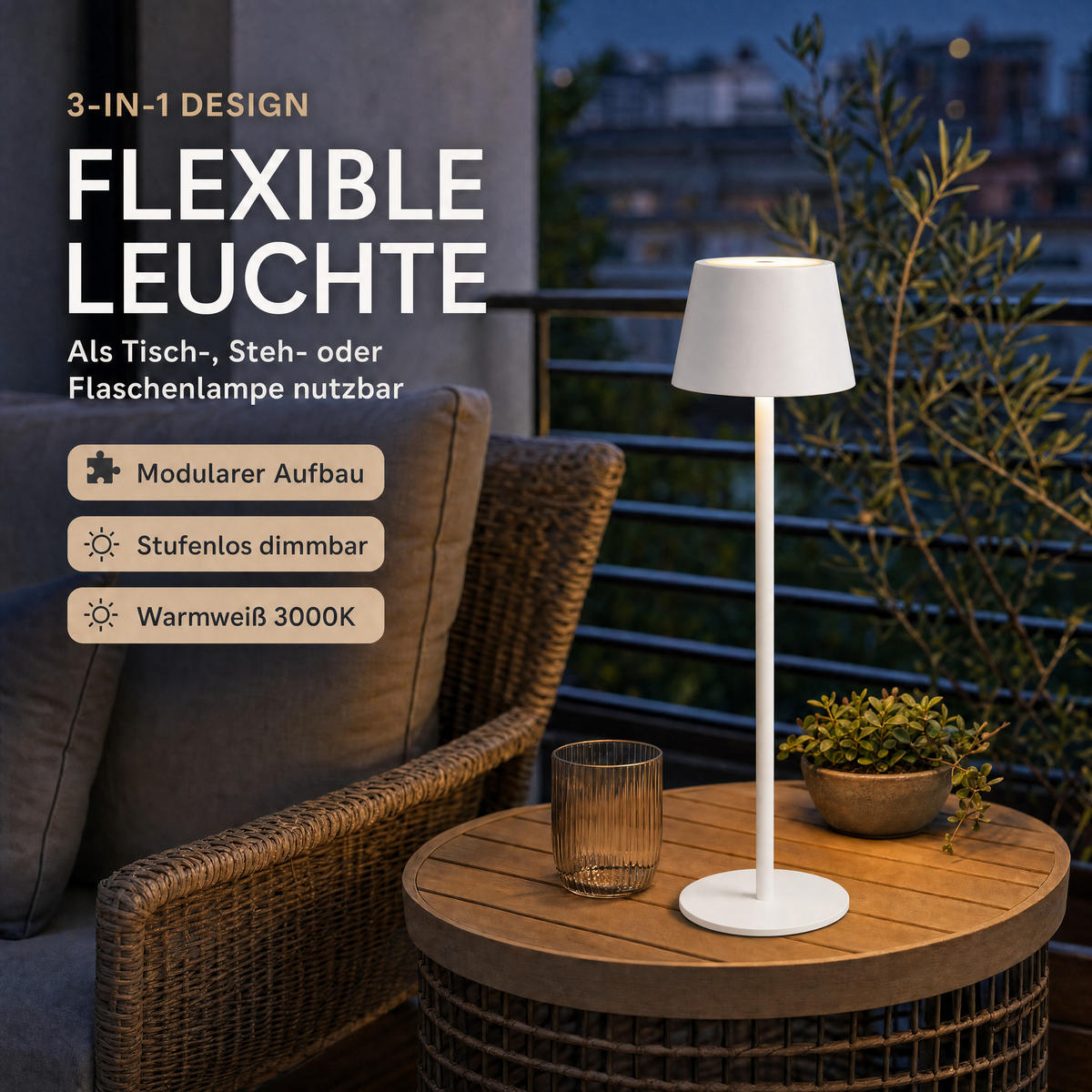 LED-TISCHLAMPE Akku 3-in-1 Weiß dimmbar Flaschenaufsatz 26/45 cm Touch IP54 - Weiß, Kunststoff (11/11/45cm) - Northpoint