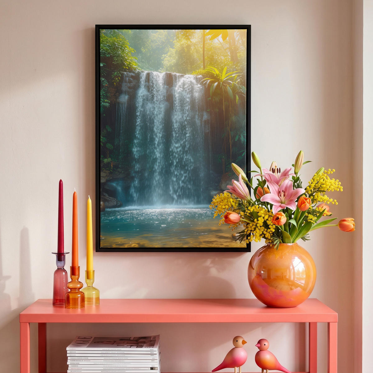 LEINWAND Bilder mit Rahmen - Wasserfall - Dschungel - Sonne - Grün - Natur - 40x60 - Grün, Textil (40/60cm) - MuchoWow
