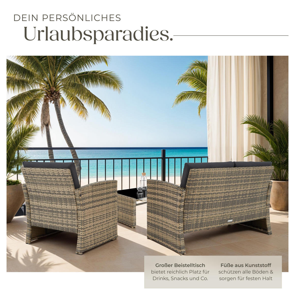 RATTANLOUNGE Jesolo,mit Sicherheitsglasplatte,natur/dunkelgrau - Naturfarben, Kunststoff - tectake