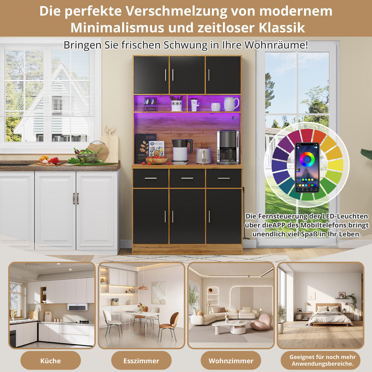 KÜCHENBUFFET in Schwarz und Naturfarbe Küchenschrank mit LED und Schubladen für Küchen und Esszimmer, B100/T40/H180 cm - Schwarz, Holzwerkstoff (100/180/40cm) - STILVORA