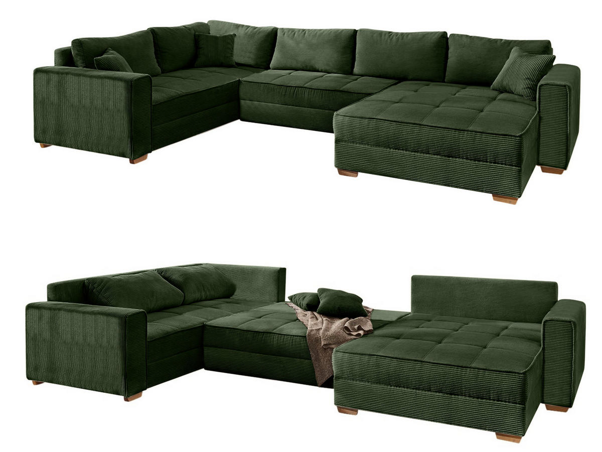 WOHNLANDSCHAFT Schlaffunktion Bettkasten Wellenunterfederung, spiegelverkehrt montierbar U-Form B379/T227/H86 cm, Cord Grün / 15199 - Eichefarben/Grün, Holz/Textil (379/86/227cm) - luma-home