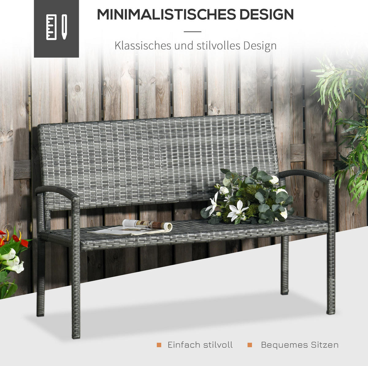 ZAHRADNÍ lavice šedá z oceli a umělého ratanu pro 2 osoby - šedá, kov (60/85/122cm) - OKWISH
