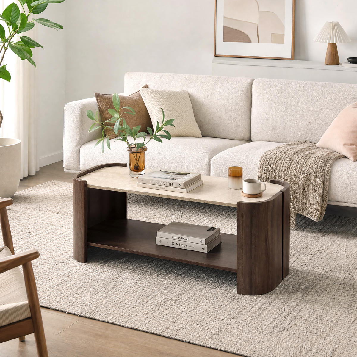 COUCHTISCH Holz Walnuss mit Travertin-Optik, 104 × 54 × 43 cm - Walnussfarben, Holzwerkstoff (54/104/43cm) - Hometopia