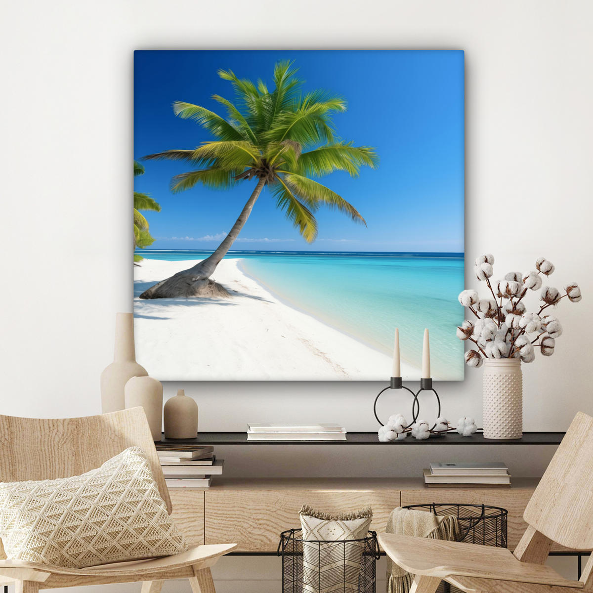 LEINWANDBILD Strand - Palme - Tropisch - Meer Deko Groß 90x90 cm - Grün, Textil (90/90cm) - MuchoWow