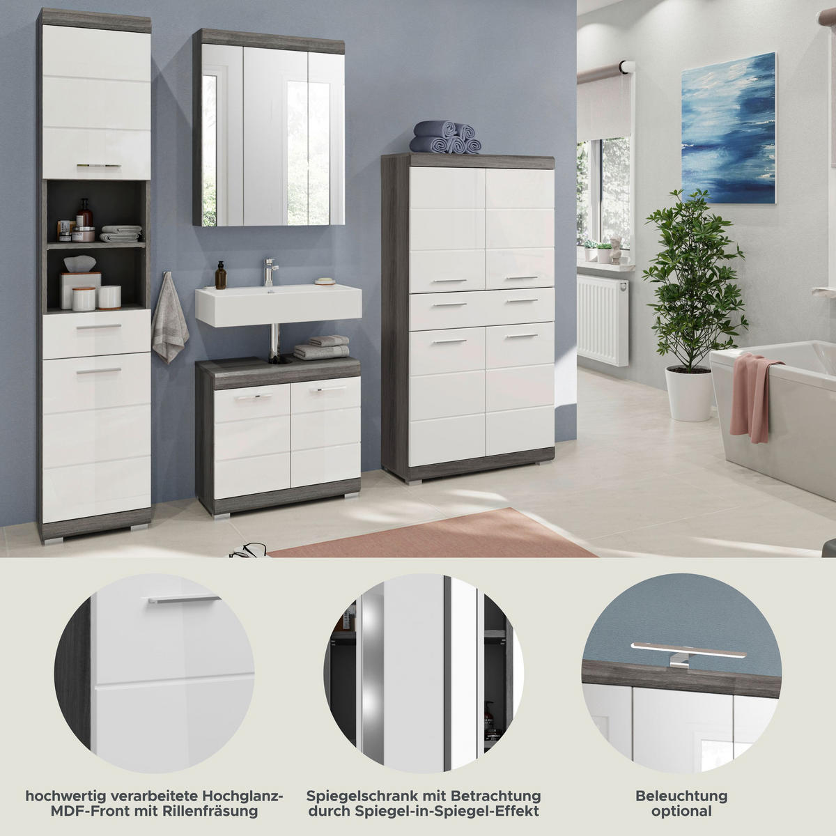 BADKOMBINATION 4tlg. Scout Bad in Rauchsilber Nachbildung und weiß hochglanz B/H/T: 186x191x34 cm - Anthrazit, Holz (186/191/34cm)