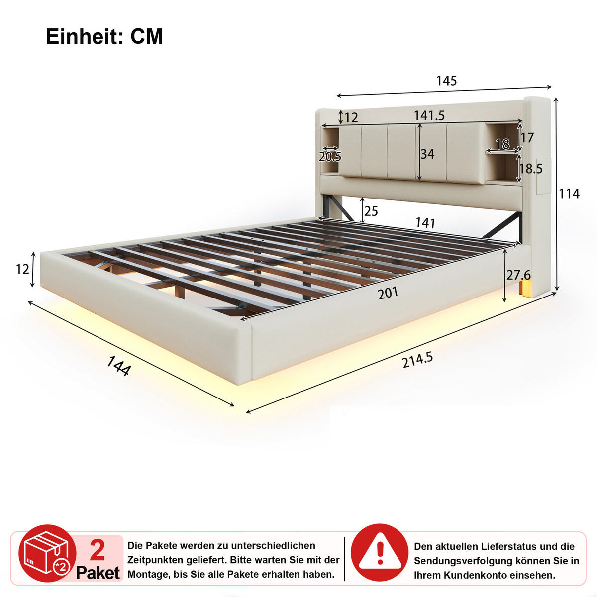 POLSTERBETT 140/200 cm in Beige Leinenstoff mit LED, USB und Ablagefächern - Beige, Holzwerkstoff/Textil (140/200cm) - WISHDOR
