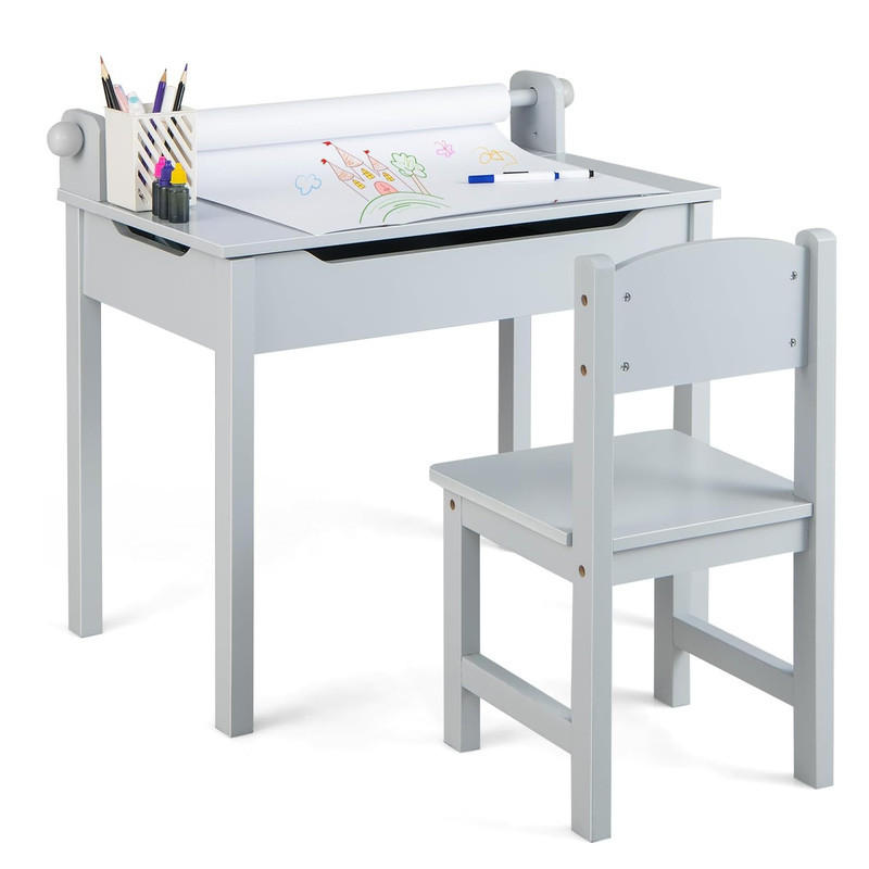 KINDERSCHREIBTISCH mit Stuhl grau(2-tlg) - Grau, Holzwerkstoff (66/58/40cm) - COSTWAY