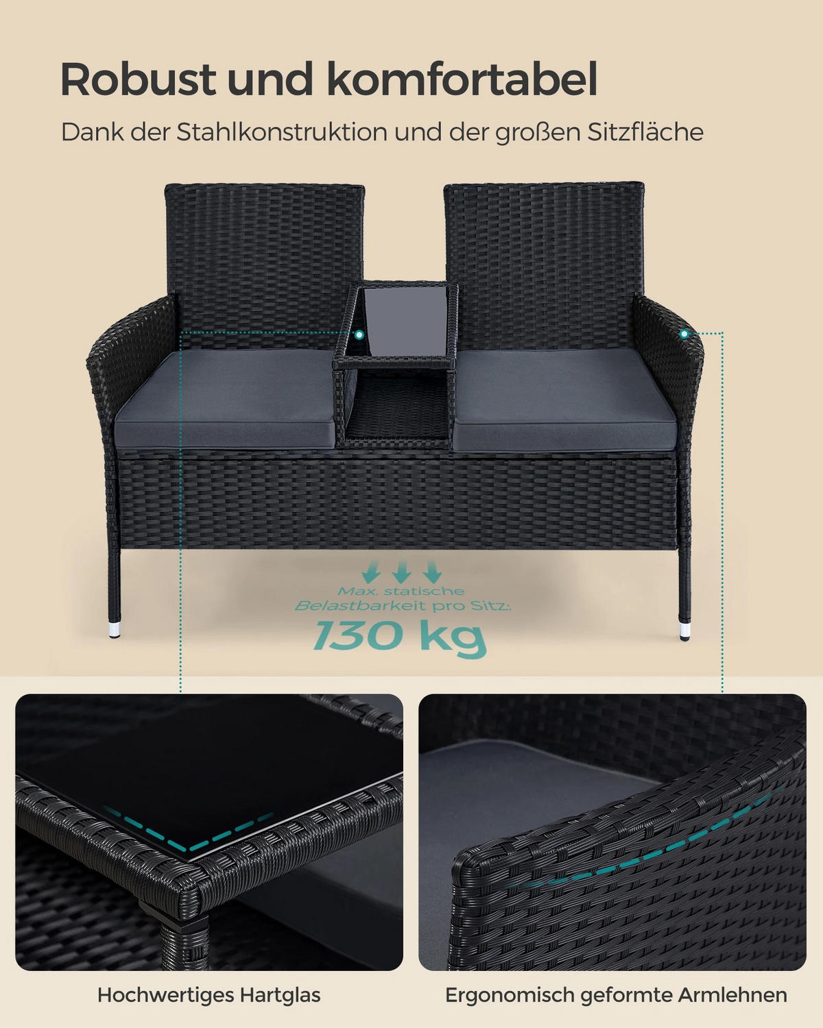 LOUNGEGARNITUR PE-Polyrattan Schwarz, Sofa mit Tisch - Schwarz, Textil - Kaket