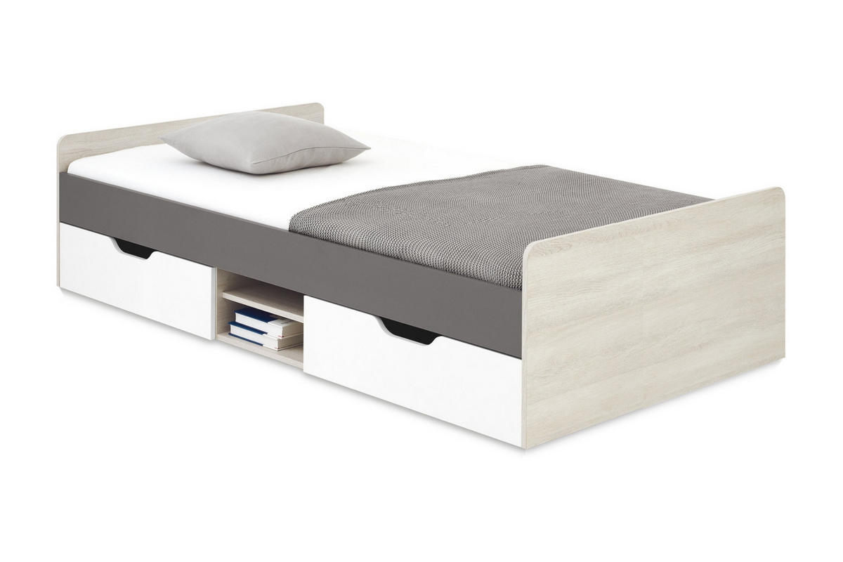 JUGENDBETT REMI 16 120/200 in Eichenweiß / Weiß Matt / Anthrazit - Eichefarben/Anthrazit, Holzwerkstoff (120/200cm) - Deine Möbel 24