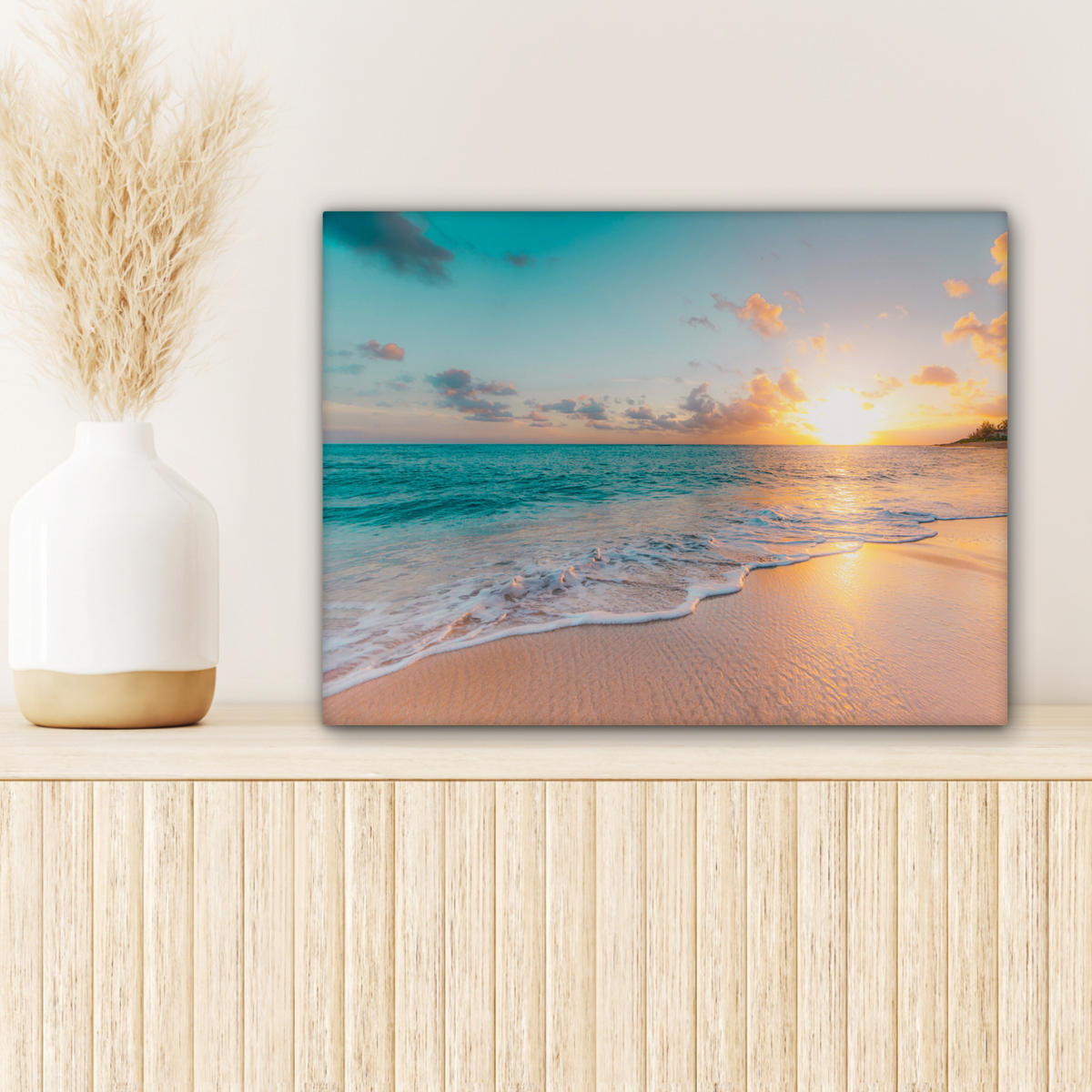 LEINWANDBILD - Sonnenuntergang - Strand - Meer - Sommer - Blau - 40x30 - Wanddeko - Multicolor, Textil (40/30cm) - MuchoWow