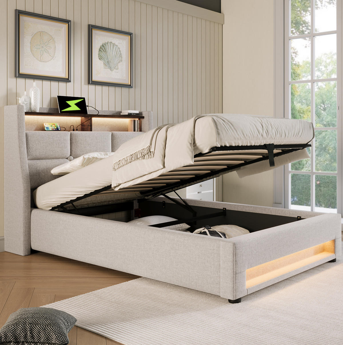POLSTERBETT 90/200 cm mit LED & USB-Ladestation, Bettkasten (Gasdruckfeder), beige - Beige, Textil (90/200cm) - Redom