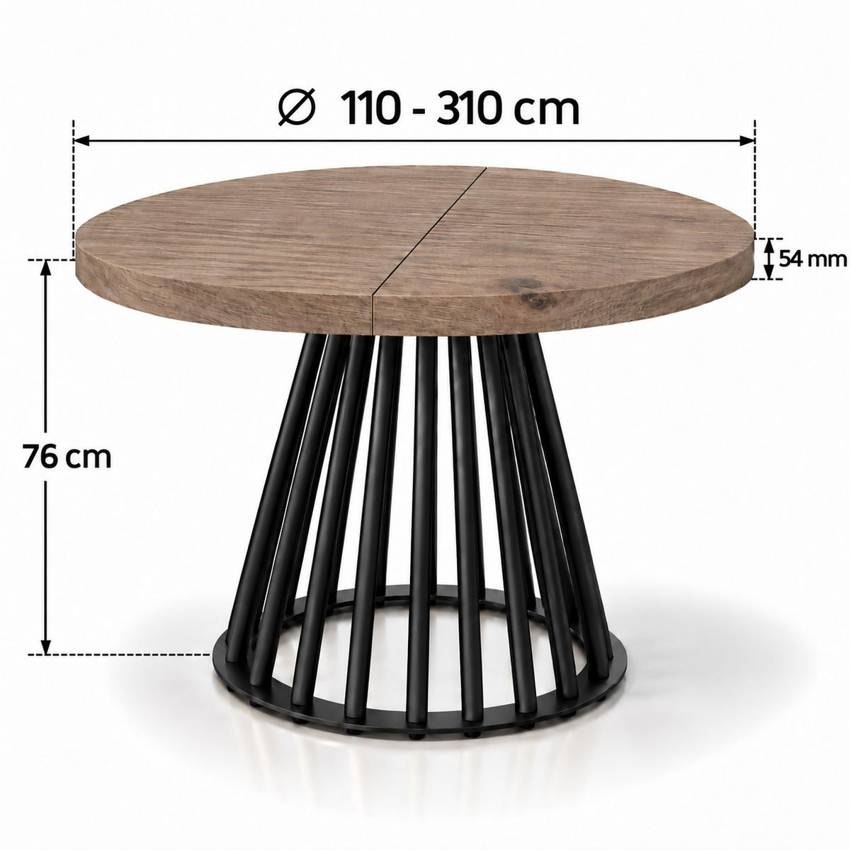 ESSTISCH rund ausziehbar 100/300/76 cm, Graubraun Eiche Halifax Egger, 54 cm Tischplatte + Lamellen-Metallgestell Schwarz - Eichefarben/Graubraun, Holzwerkstoff/Metall (100/300/76cm) - Damale Möbel