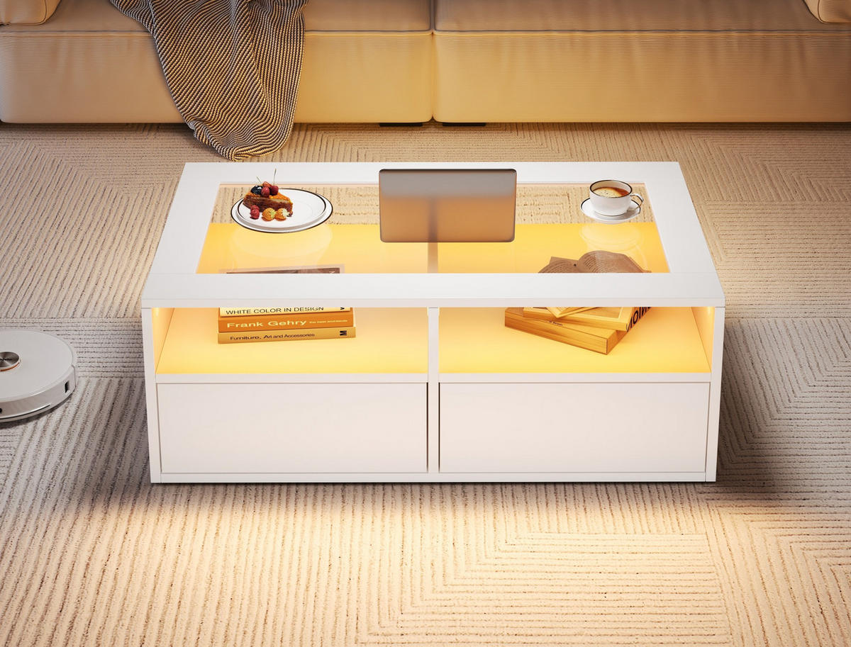 COUCHTISCH 100/50/35 cm Weiß aus Glas und Holzwerkstoff mit LED-Beleuchtung und 2 Schubladen - Weiß, Glas (100/50/35cm) - OKWISH