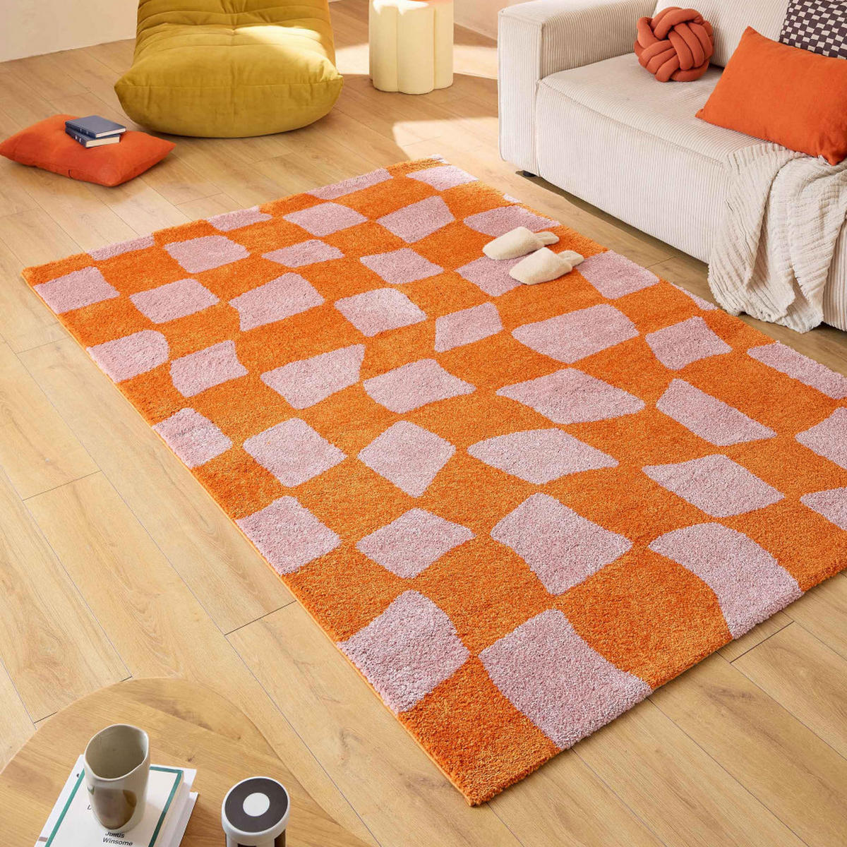 SCHACHBRETTMUSTER-TEPPICH - Retro - 120 cm x 160 cm - Orange, Kunststoff (120/160cm) - Drawer