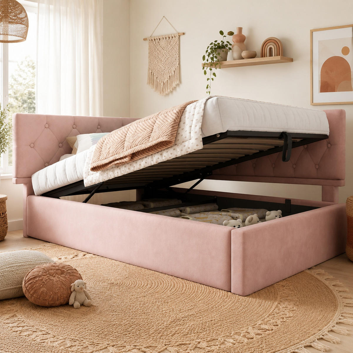 POLSTERBETT 90/190 mit hydraulischem Bettkasten, L-Form und links oder rechts montierbarem Kopfteil in Rosa - Rosa, Holzwerkstoff/Textil (90/190cm) - EVRYAE