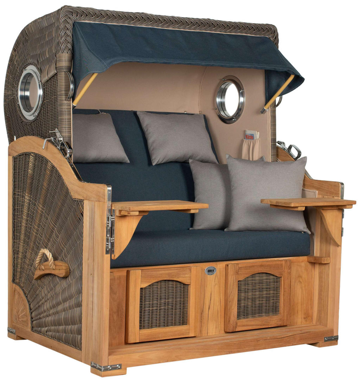 STRANDKORB Düne Grande Bullauge Teak PE Grey Dessin 593 - Blau/Braun, Metall (142/170/95cm) - Mr. Deko