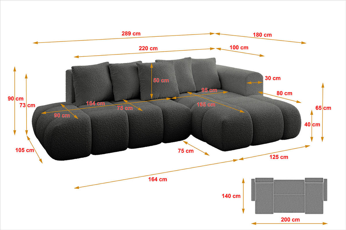 ECKSOFA Ottomane Rechts CLOUD-L-v1 289x180x40 Grau Bouclé - Grau, Holzwerkstoff/Kunststoff (289/180cm) - ALTDECOR